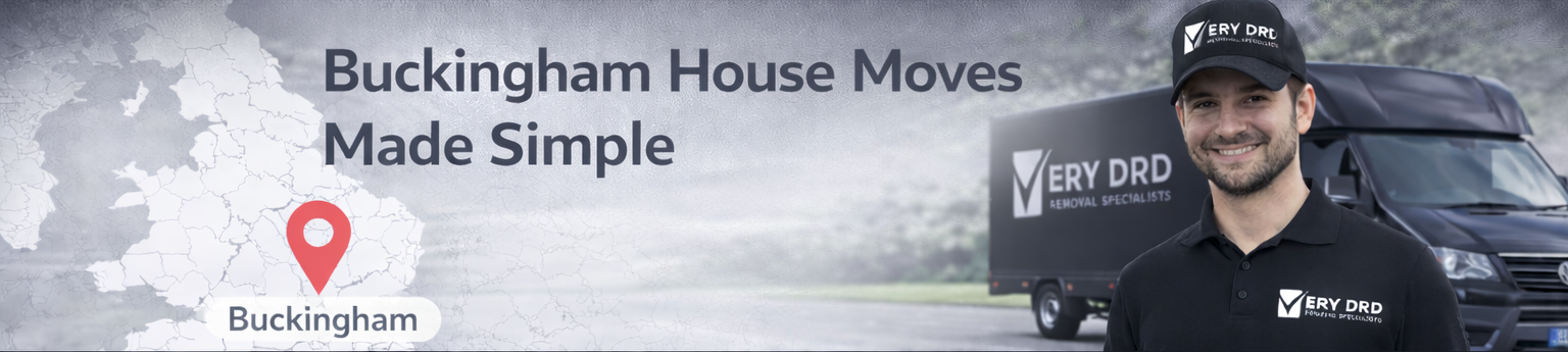 Man in a branded cap standing in front of a moving truck with 'Buckingham House Moves Made Simple' text.
