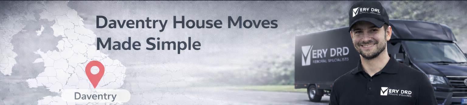 Man in a branded cap standing in front of a moving van with 'Daventry House Moves Made Simple' text.