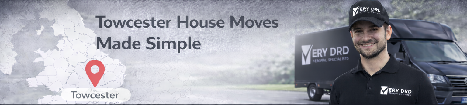 Man in a branded cap standing next to a van with 'Towcester House Moves Made Simple' text.