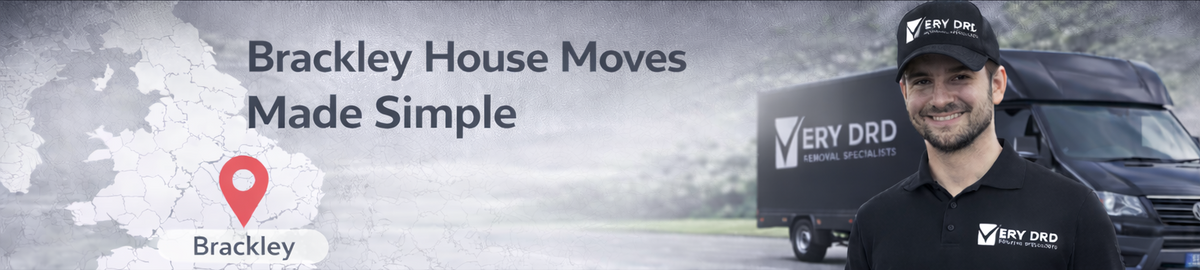 Man in a branded shirt standing in front of a moving van with 'Brackley House Moves Made Simple' text.