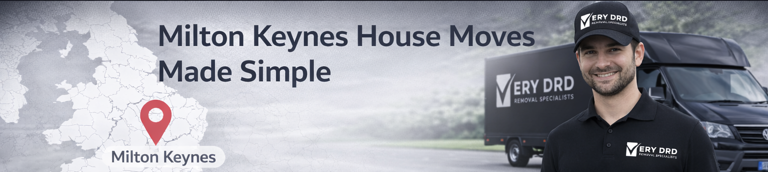 Promotional banner for Milton Keynes house moves with a man and a van labeled 'VERY DRD'.